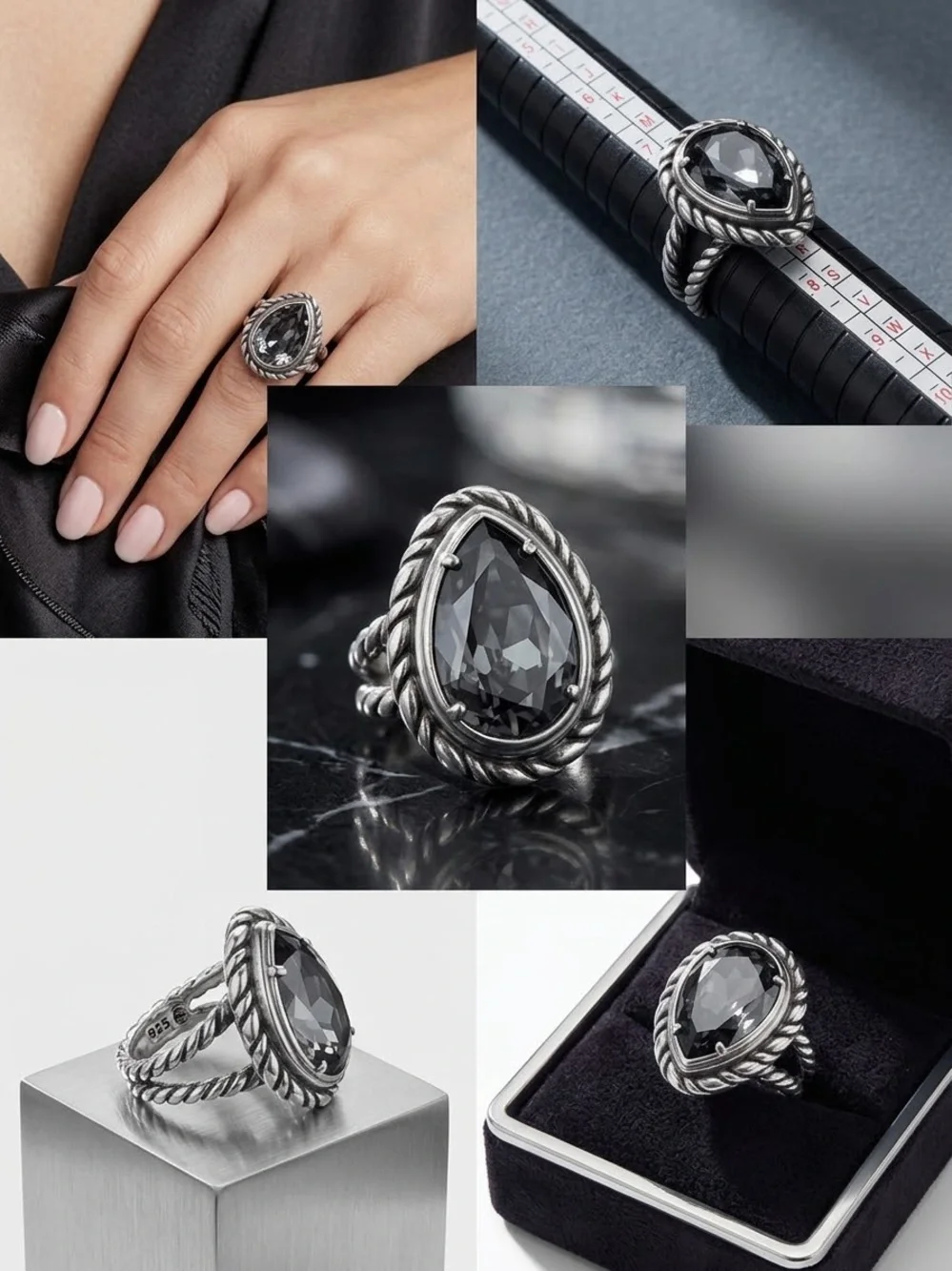 Source Unknown Silver Ring with Black Teardrop Stone